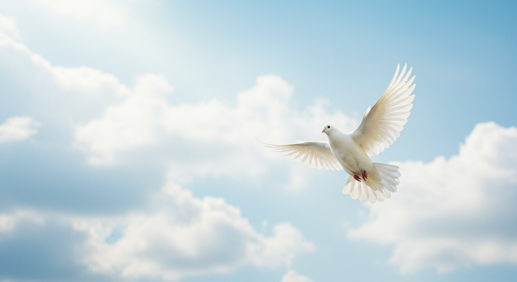 White dove flying in open sky symbolizing freedom and thriving