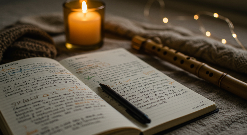 Gratitude journal beside candle and bamboo flute for meditation practice