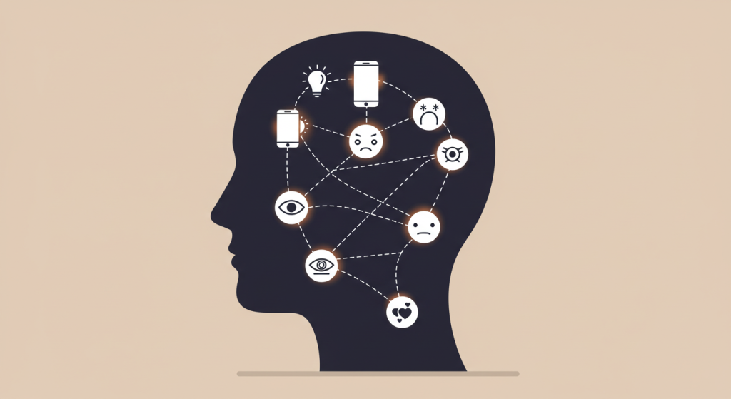 Minimalist vector of a human head showing glowing icons representing hidden anxiety triggers like light, phone, diet, emotions, and social cues.