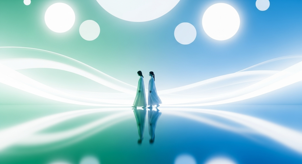 Two minimalist figures walking calmly through a glowing blue-white landscape with soft circular lights symbolizing mindfulness and connection.