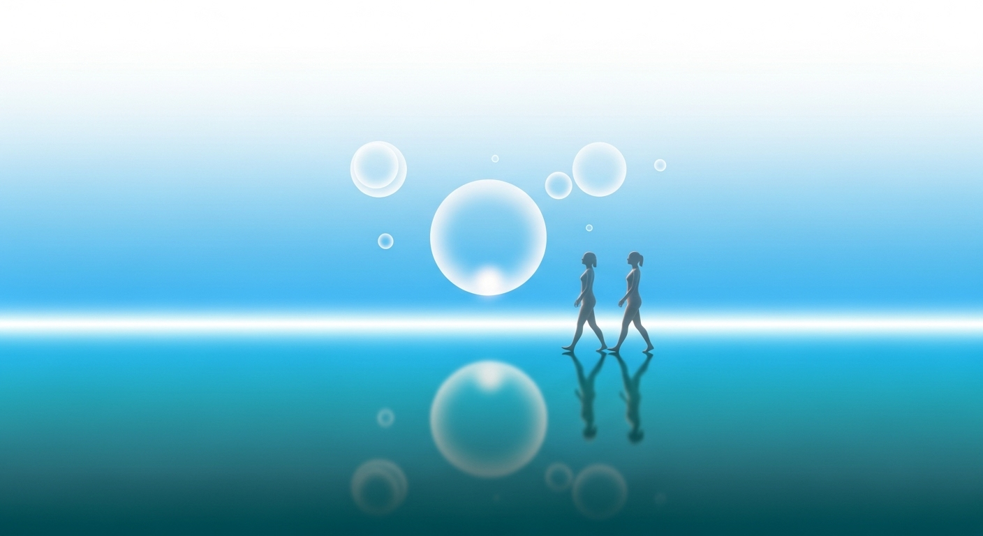 Minimalist scene with two glowing figures walking through soft blue-white light, surrounded by gentle orbs representing harmony, mindfulness, and connection.