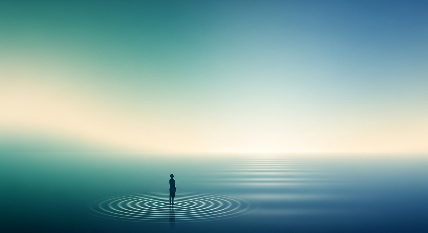 Minimalist artwork showing a calm figure standing near a soft teal-blue horizon with gentle light and circular ripples symbolizing grounded calm and emotional balance.