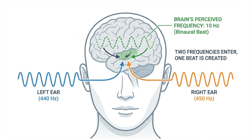 Diagram of binaural beats showing how sound frequencies synchronize brainwaves for focus.