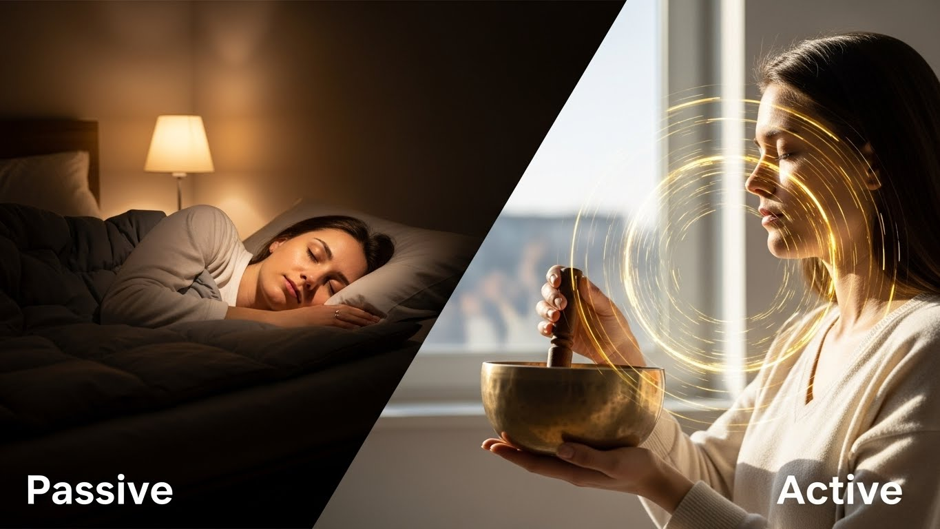 Split screen showing the difference between active vs. passive rest with a sleeping woman and a woman sound bathing.