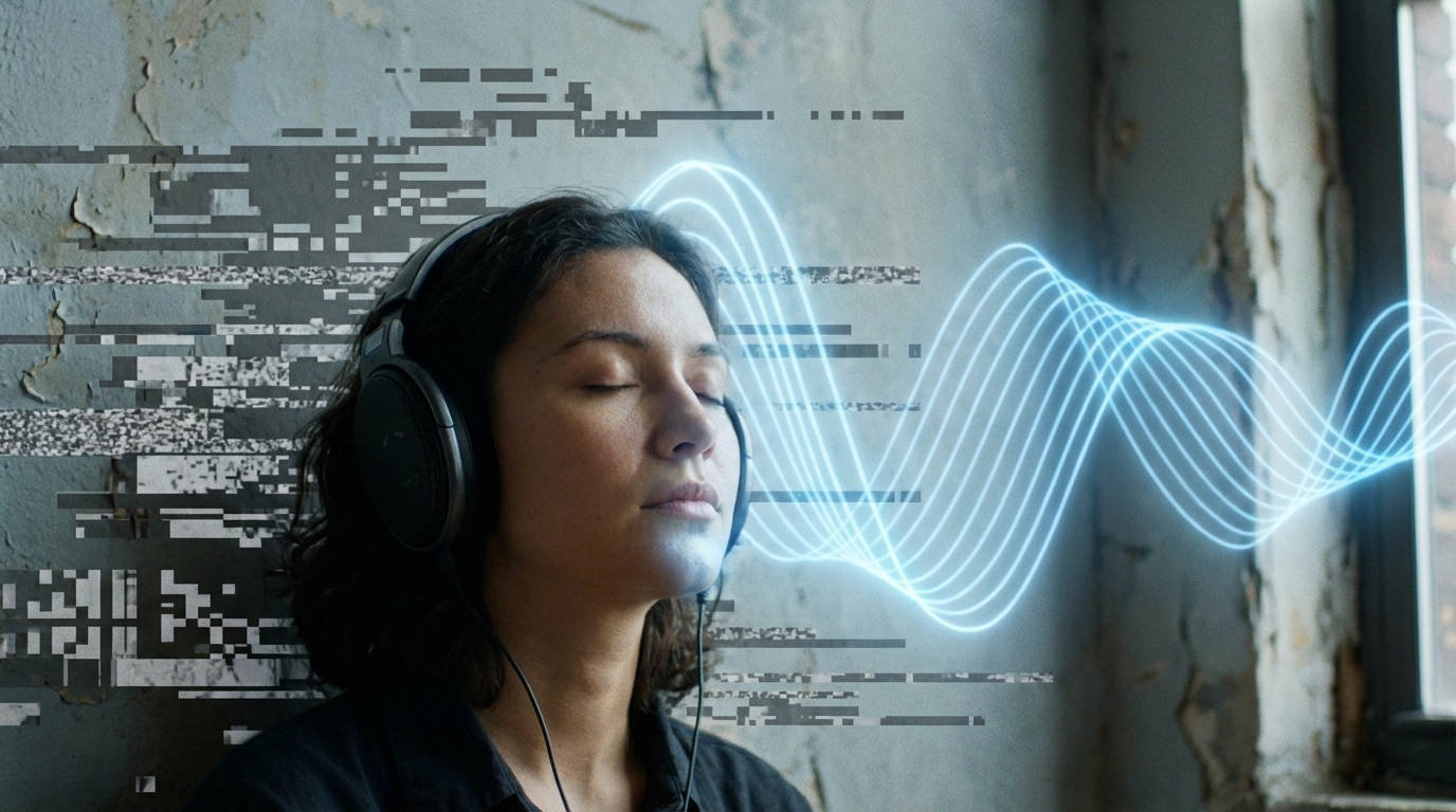 A visual metaphor showing how noise for healing filters out environmental digital static and recalibrates the human brain.