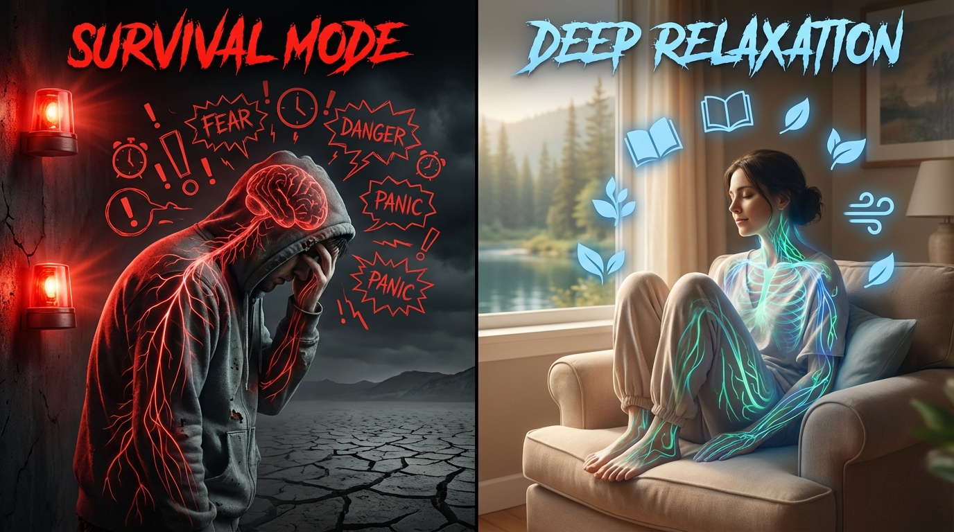 Proven Reasons Survival Mode Sabotages Deep Relaxation illustration showing a stressed nervous system in red contrasted with calm blue relaxation state.