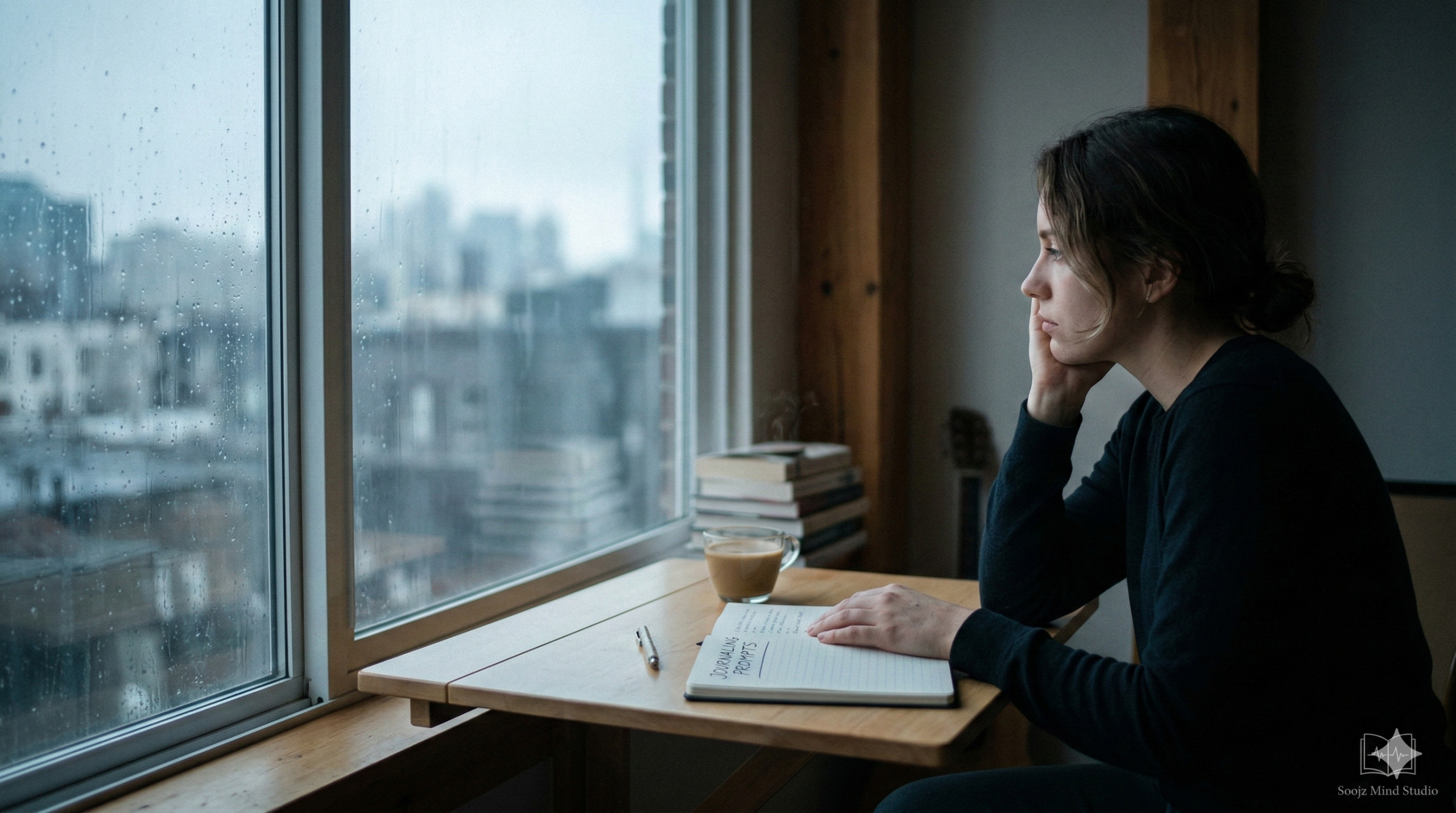A woman sitting at a wooden desk by a rainy window, looking contemplative with an open journal and a cup of coffee, representing the process of using journaling prompts to heal from emotional numbness.