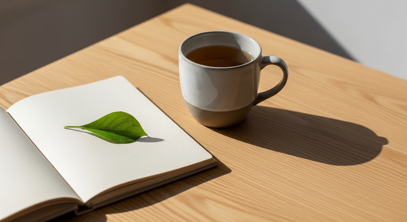 A peaceful morning setup with a journal and tea, representing the start of a Holistic Wellness Journey.