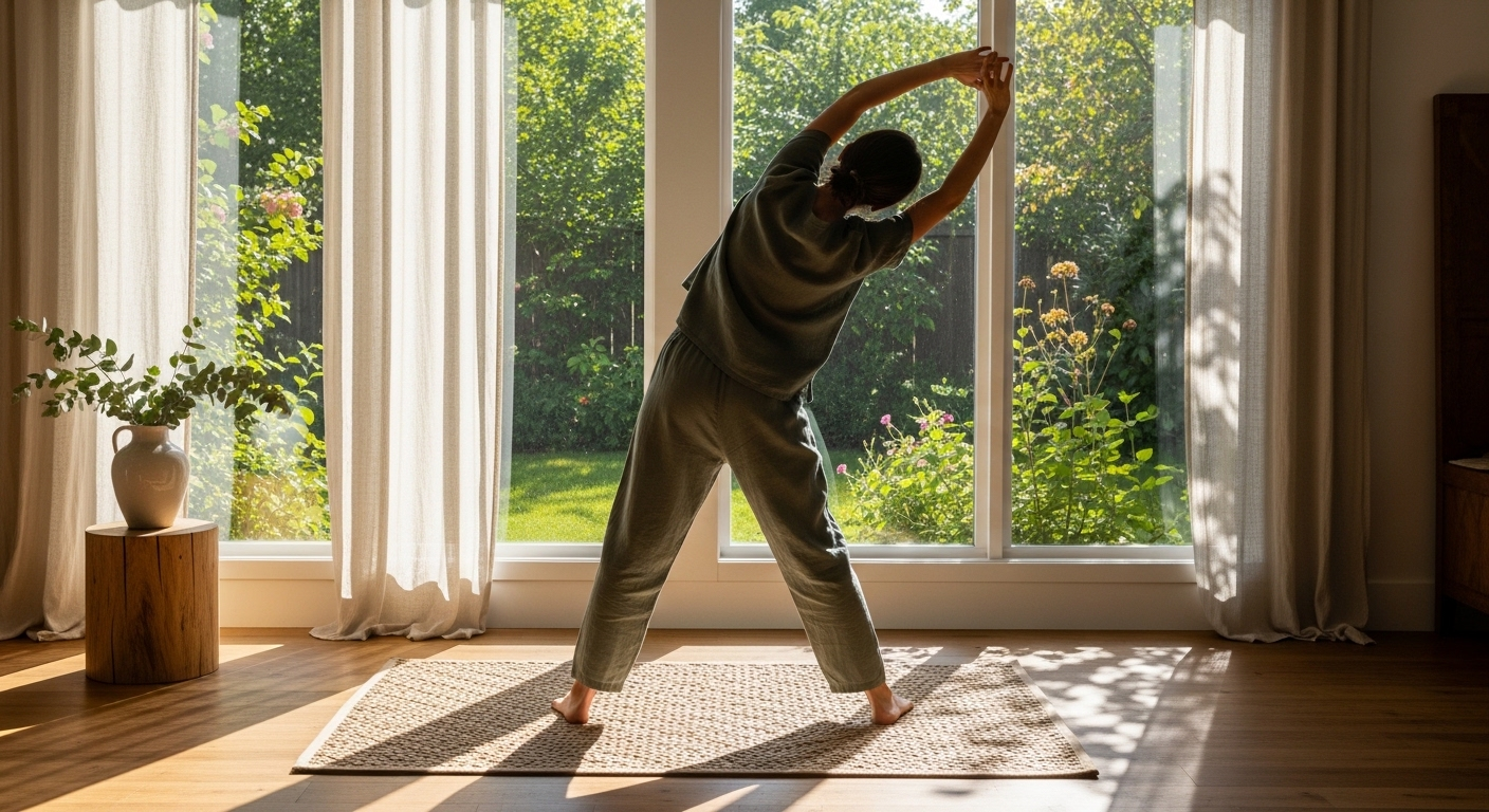 A calming view of gentle somatic grounding stretches as part of a morning routine for low-anxiety.