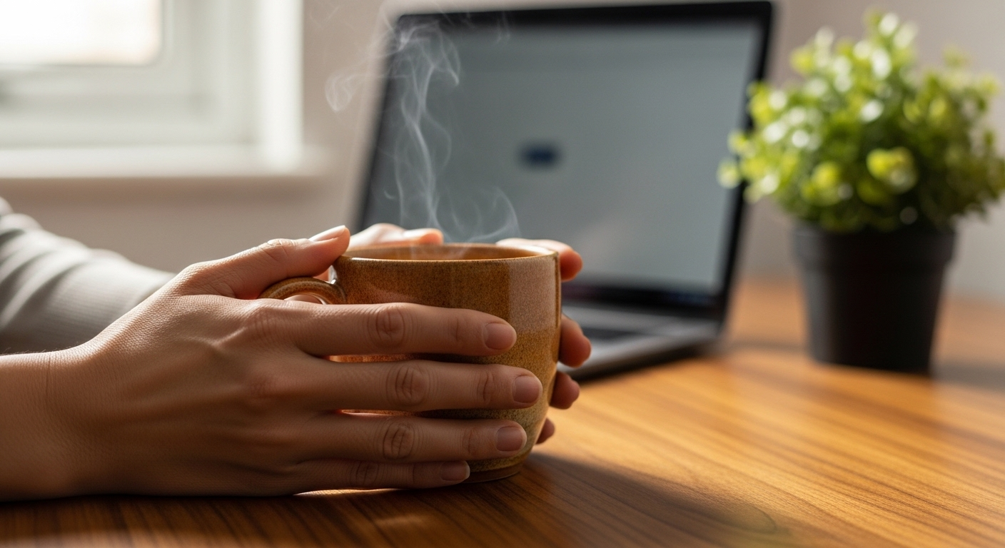 An office worker looking away from screens towards a window, demonstrating visual orienting for grounding at work.