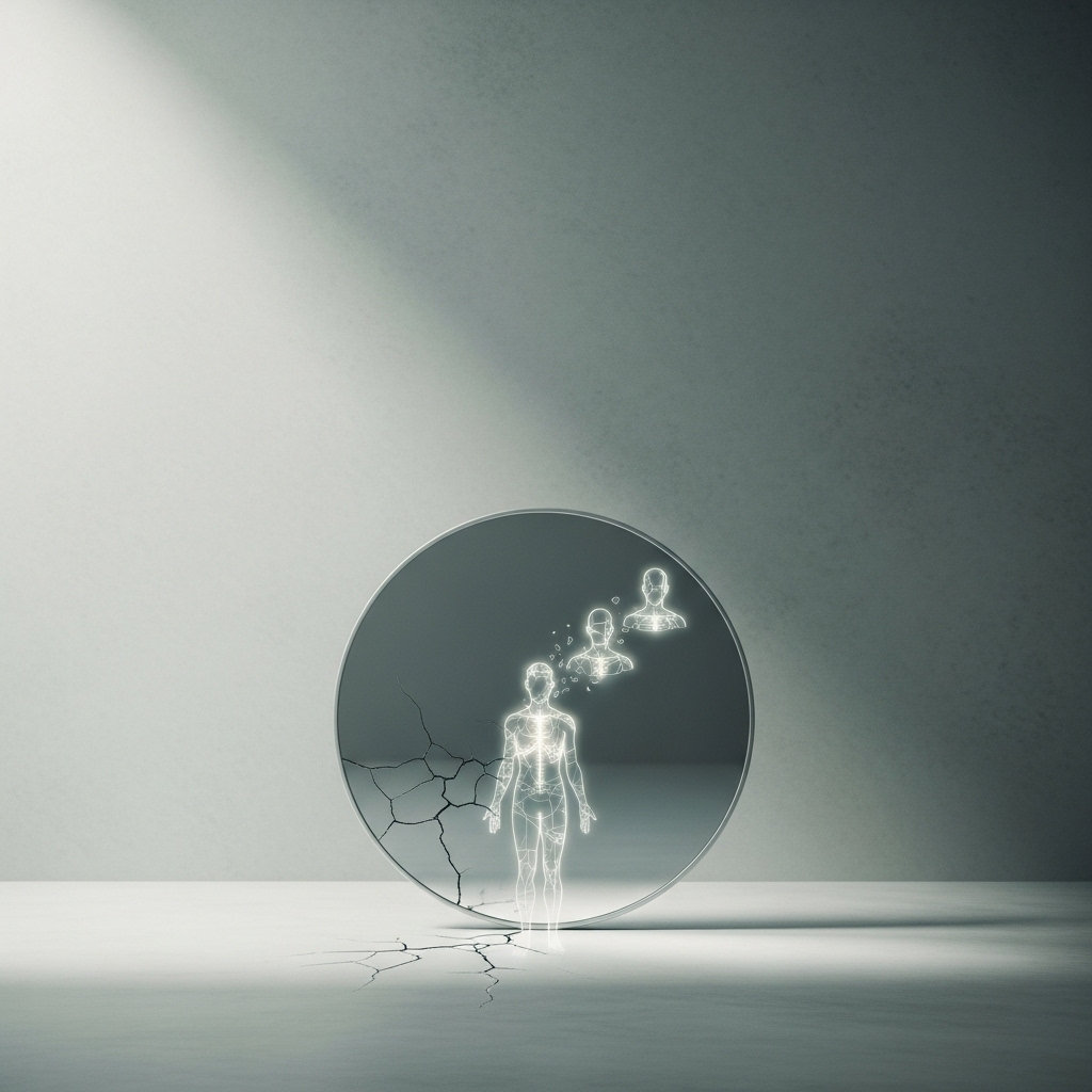 Minimal wellness Pinterest cover showing a round mirror with three glowing blueprint fragments forming a human silhouette, symbolizing trauma recovery and identity rebuilding, soft greystone background with muted sage-blue tones, vertical 2:3 ratio.