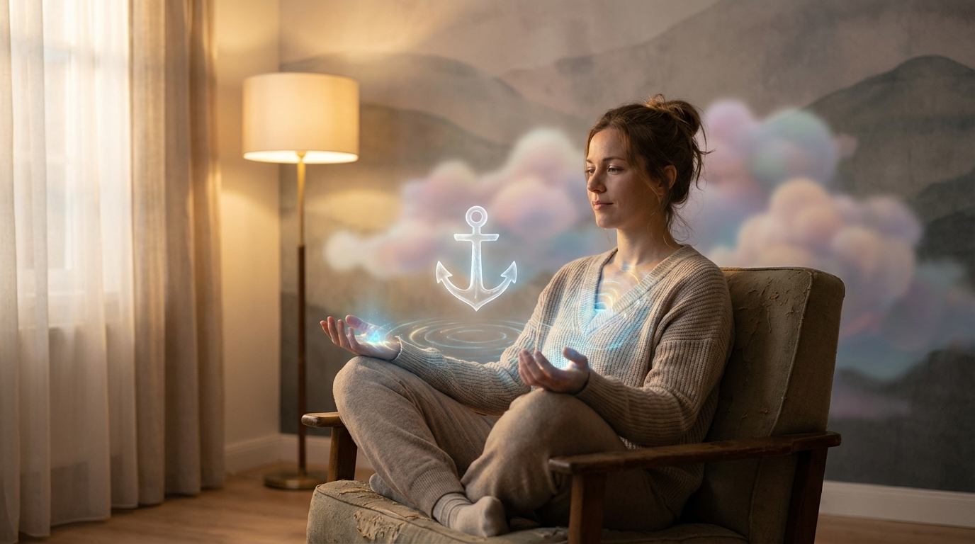 Safety anchor concept showing a teen calming anxiety as glowing anchor stabilizes the nervous system and clears stress waves.