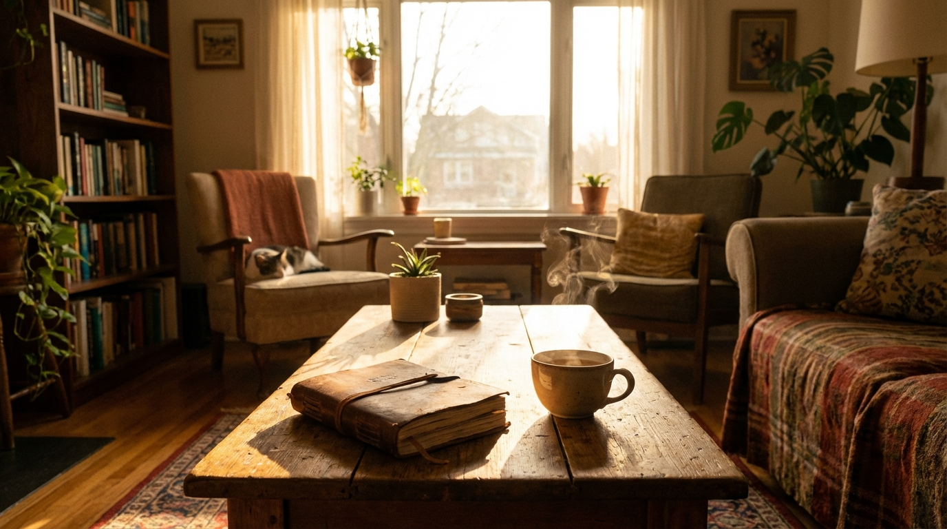 Sonic Narratives: The Sound Studio 1 A sunlit living room with a journal and tea, evoking calm and reflection, inspired by Sonic Narratives: The Sound Studio at Soojz Project