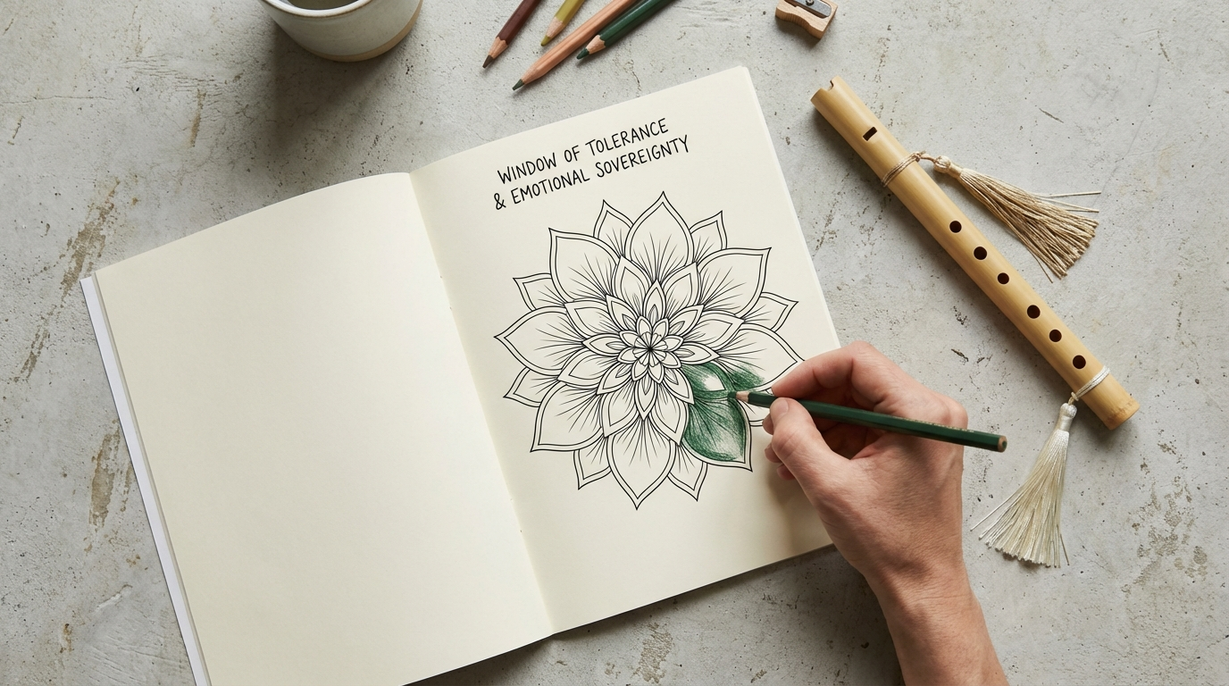 A top-down photograph of a person coloring an intricate floral pattern in an affirmation coloring book next to a wooden Korean Daegeum flute, symbolizing grounding and returning to the present moment.