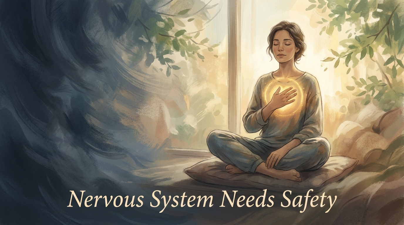 Person holding chest while calming their nervous system with the words nervous system needs safety