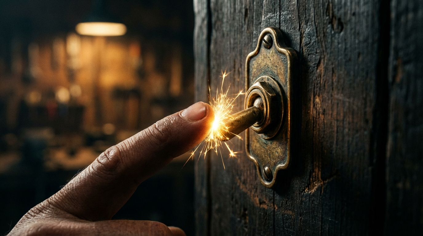 : A finger flipping a brass toggle switch that ignites with golden light.