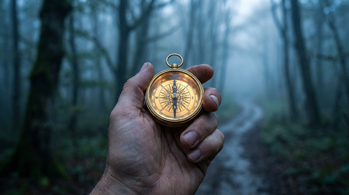 How to Start Rebuilding Self-Trust After Abuse 1 A close-up photograph of a hand holding a glowing compass while walking on a misty forest path at dawn, symbolizing the quiet internal process of rebuilding self-trust after abuse.