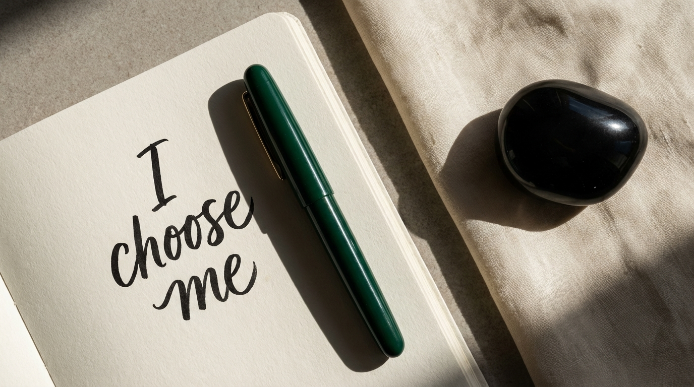 A journal and an obsidian stone, symbolizing the firm boundaries required for prioritizing yourself.