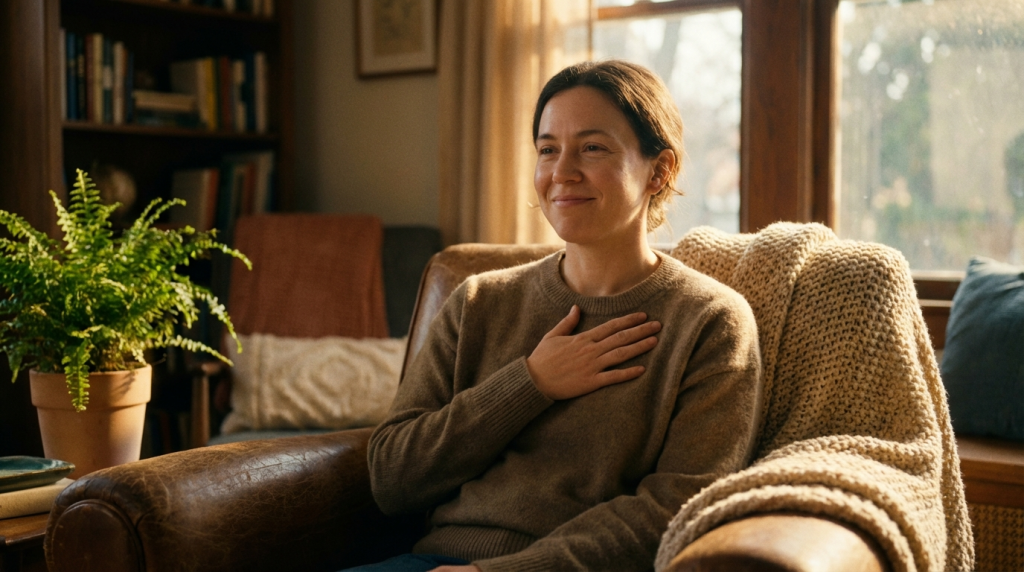 A calm person sits in a sunlit room with a hand gently resting on their chest, illustrating the emotional journey of understanding why you apologize for everything and learning to finally take up space without guilt.