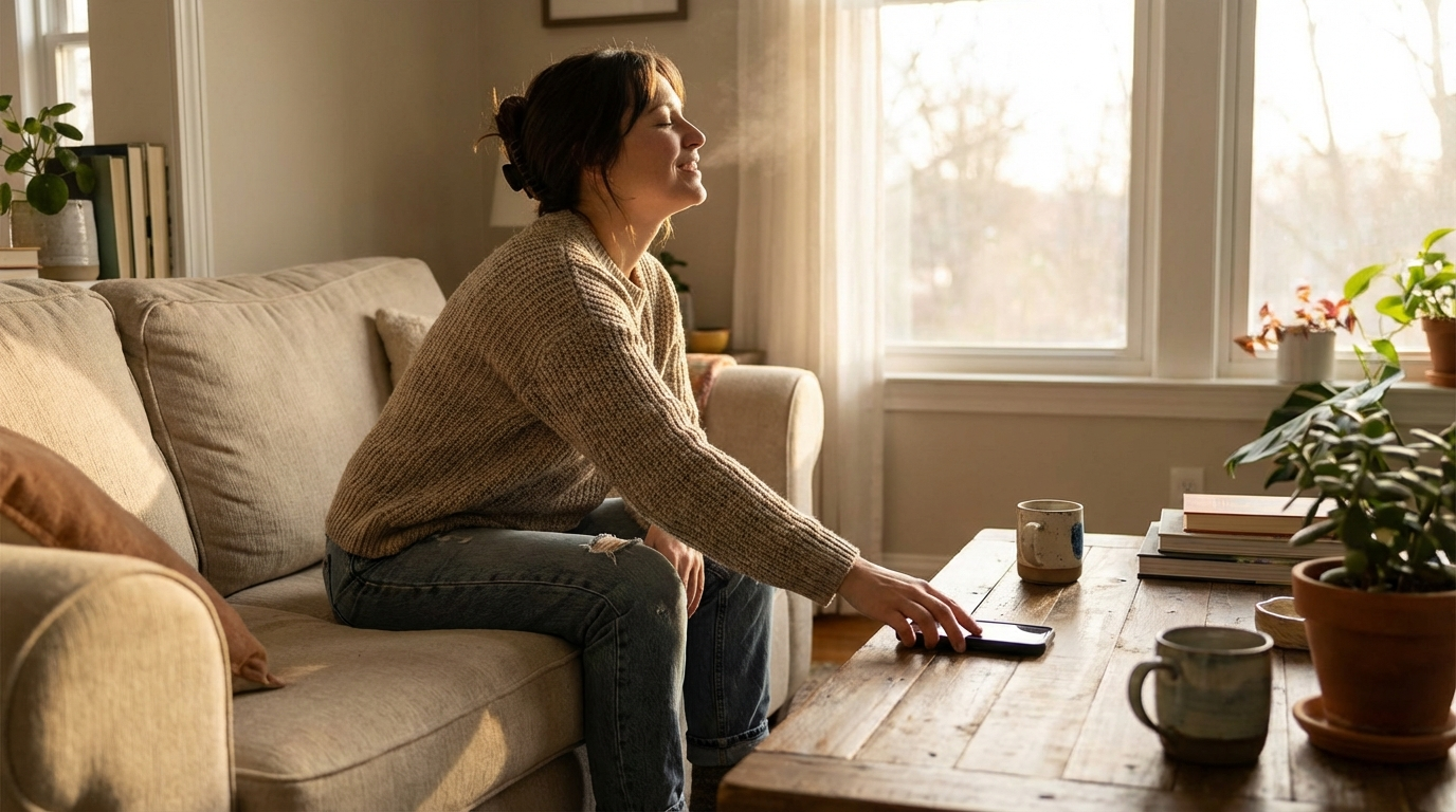 4 Proven Steps To Crush Post-Text Panic And Reclaim Peace 1 A calm person places their phone face down on a table and looks toward a sunlit window, illustrating 4 proven steps to manage post-text panic by creating healthy digital boundaries.