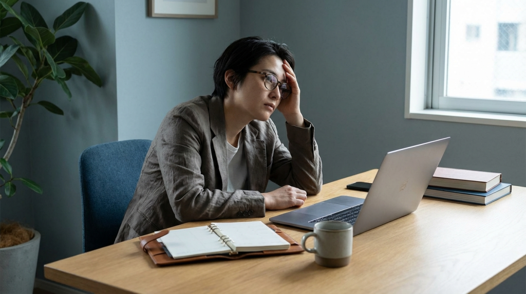 A high-achieving woman sitting alone in a softly lit room, appearing calm on the outside but emotionally exhausted, representing signs of functional depression