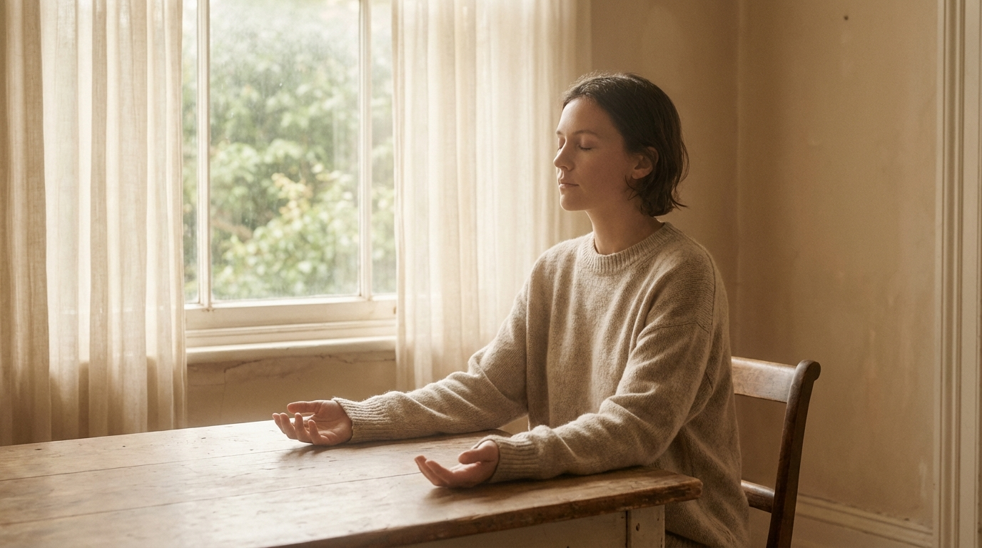 A person sitting quietly at a wooden desk in soft natural light, eyes closed and hands open, reflecting calm and recovery from chronic brain fog