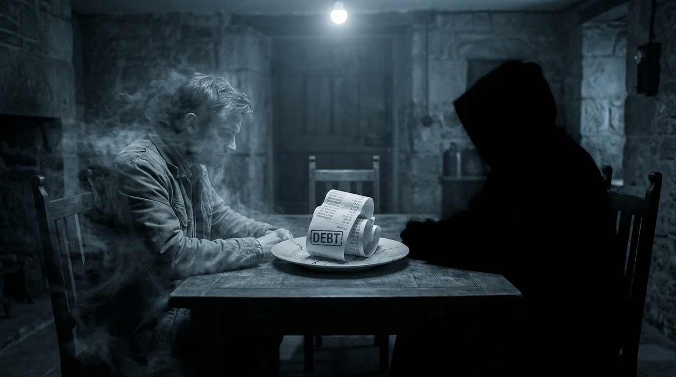 A fading, translucent person sitting at a table with a large bill on their plate, symbolizing the feeling of being a burden in a relationship.