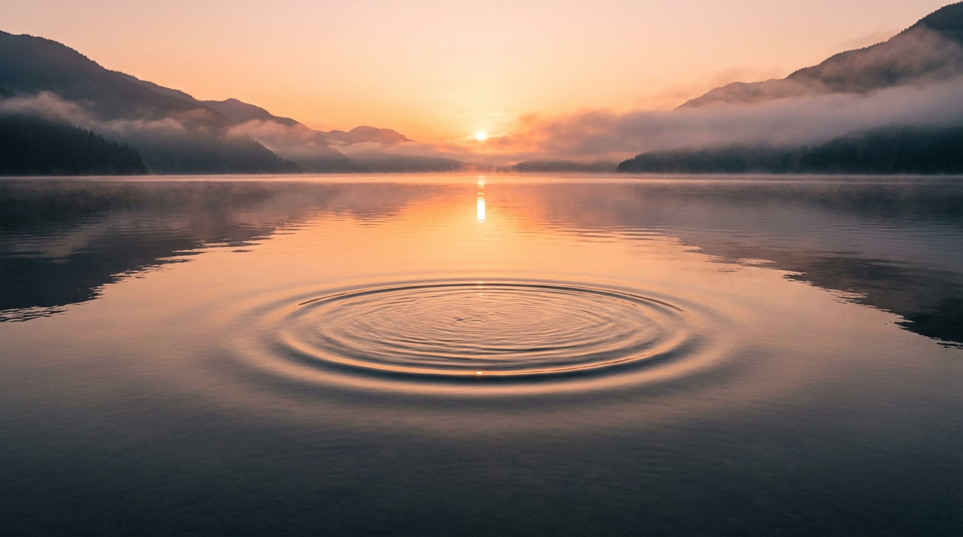 A single ripple expanding across a calm lake at sunrise, representing the sudden onset of anxiety.