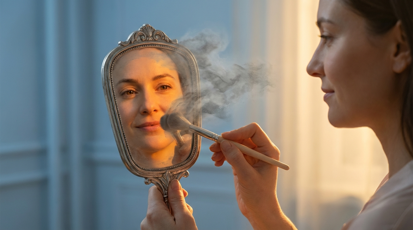 A woman looking into a clear mirror as a grey film dissolves, visualizing the moment of trusting my own eyes after recovering from gaslighting and clearing the physiological fog.