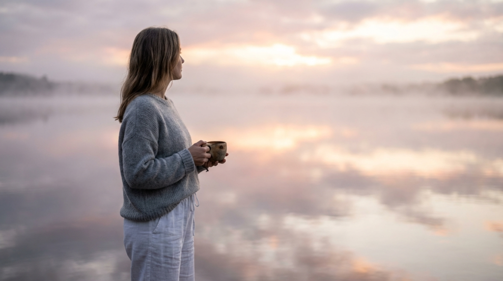 A woman standing peacefully by a quiet lake at dawn, representing the 3 signs you’re free from toxic manipulation and the return to self.