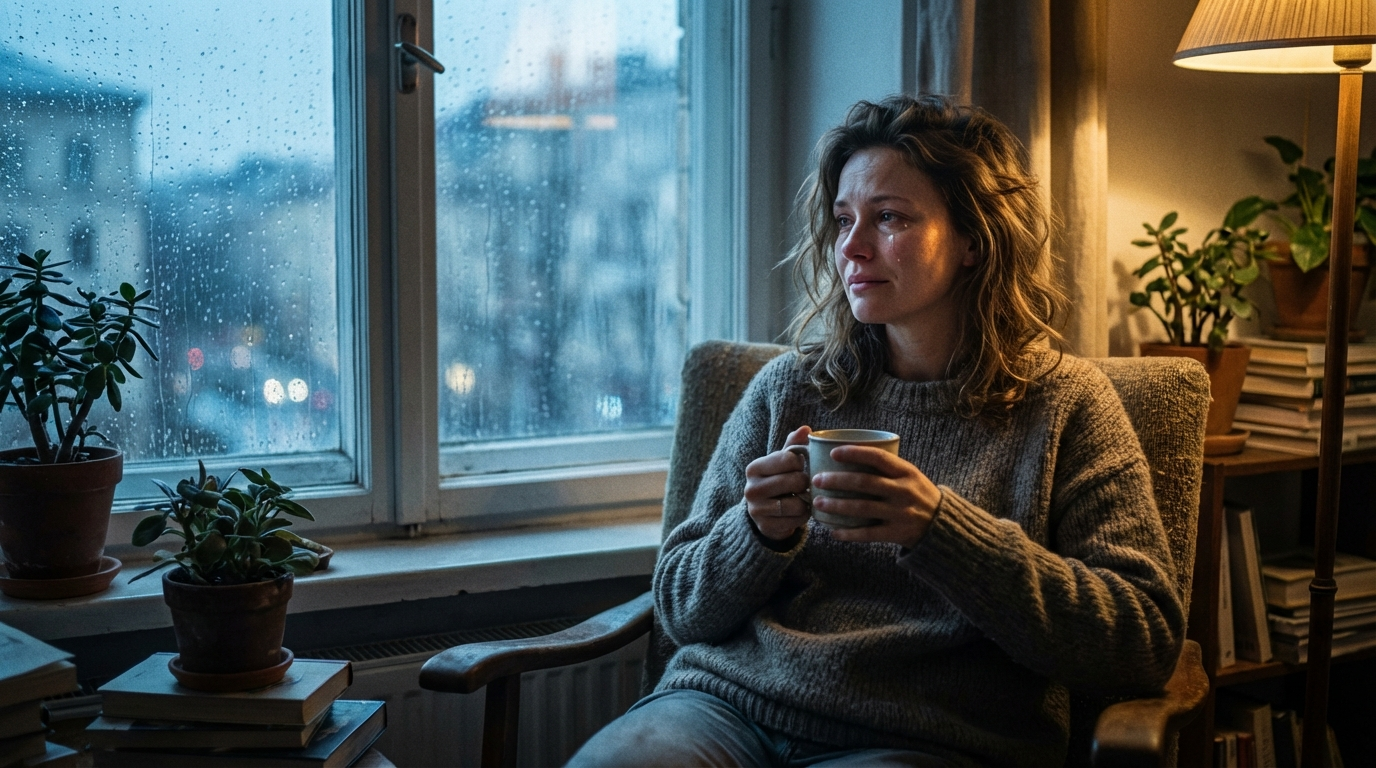 A person sitting quietly by a rain-streaked window, beginning the painful but freeing process of grieving an illusion instead of a reality because they missed a person who didn't exist.