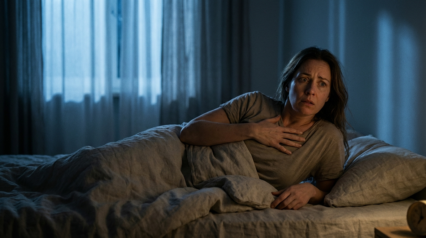 Woman lying awake with racing thoughts at night learning why her brain waits until bedtime to panic and how the brain dump method restores nervous system rest