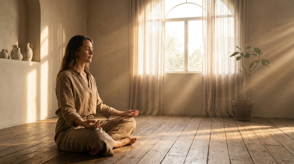 Woman meditating in sunlight, symbolizing inner peace and healing. You Were Never Broken