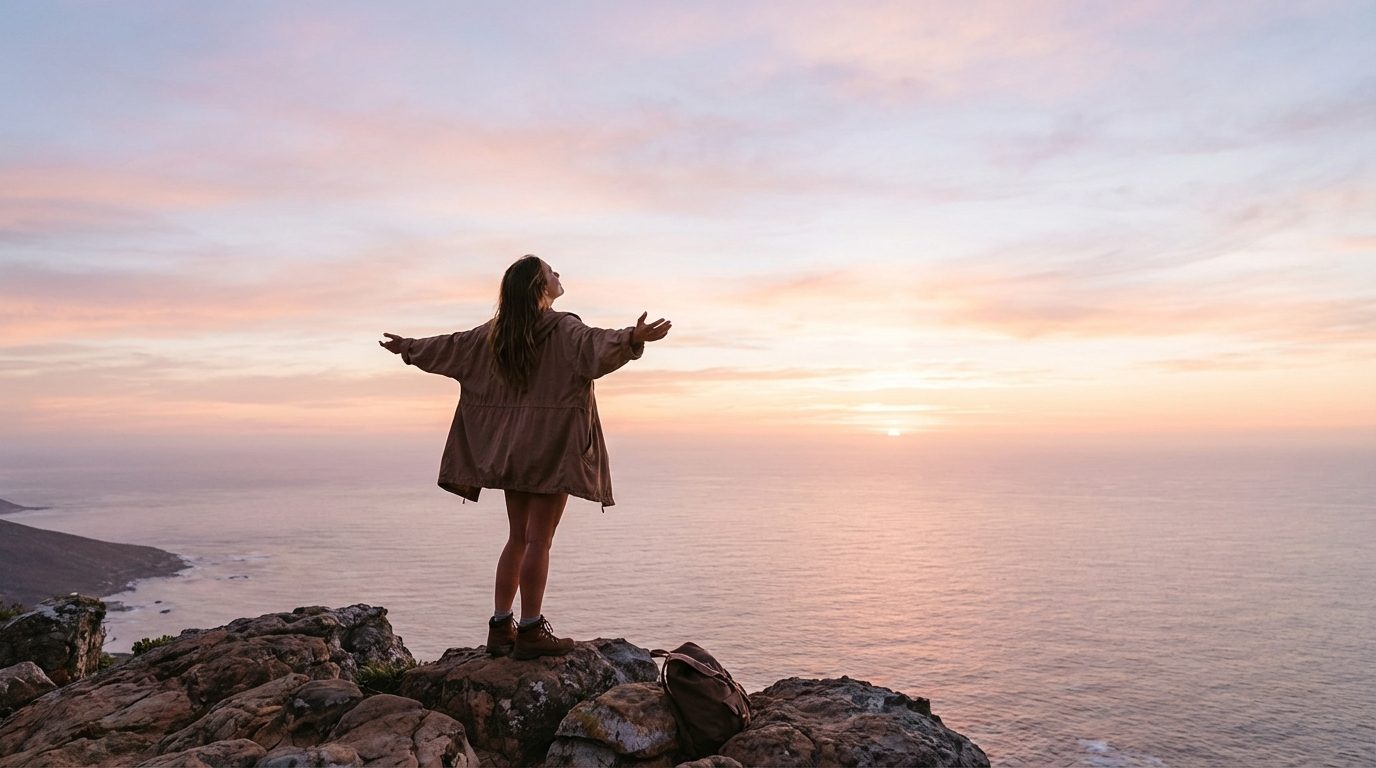 Person standing on a cliff at sunrise, embracing freedom and reconnecting with their authentic self.