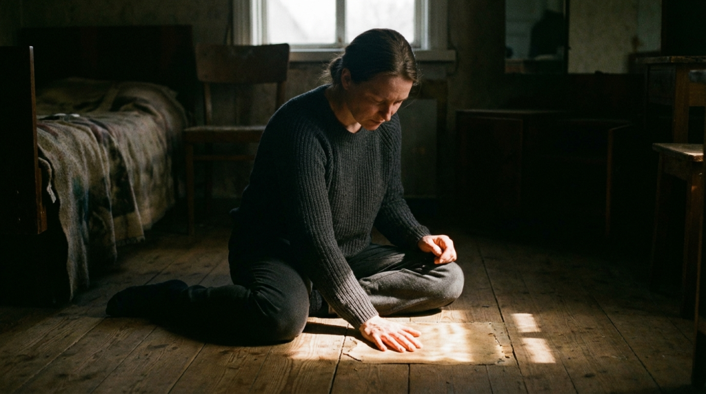 A person sitting on the floor in a dim room, their body hunched, pressing one hand against a single, warm beam of light filtering from a window. This visual represents the slow, somatic thaw required to move beyond emotional numbness.