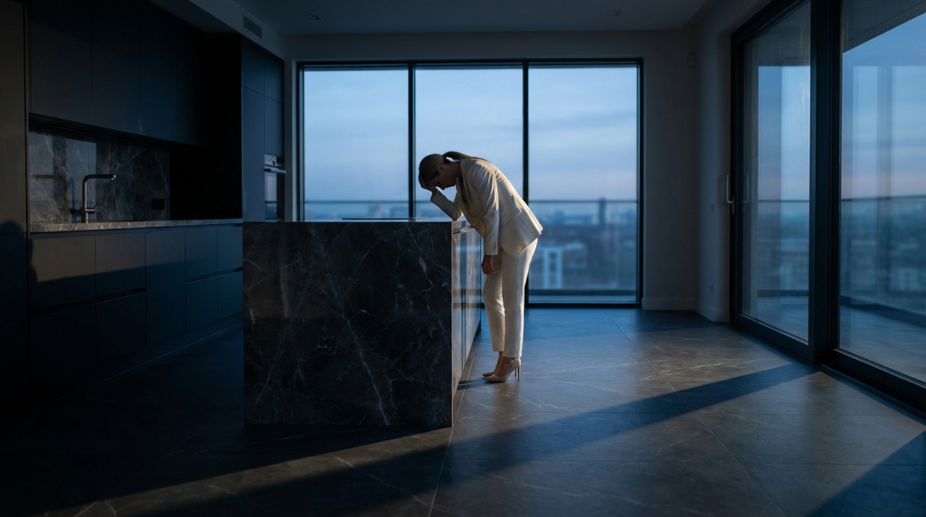 A high-functioning woman at her desk appearing productive while internally experiencing anxiety and emotional exhaustion