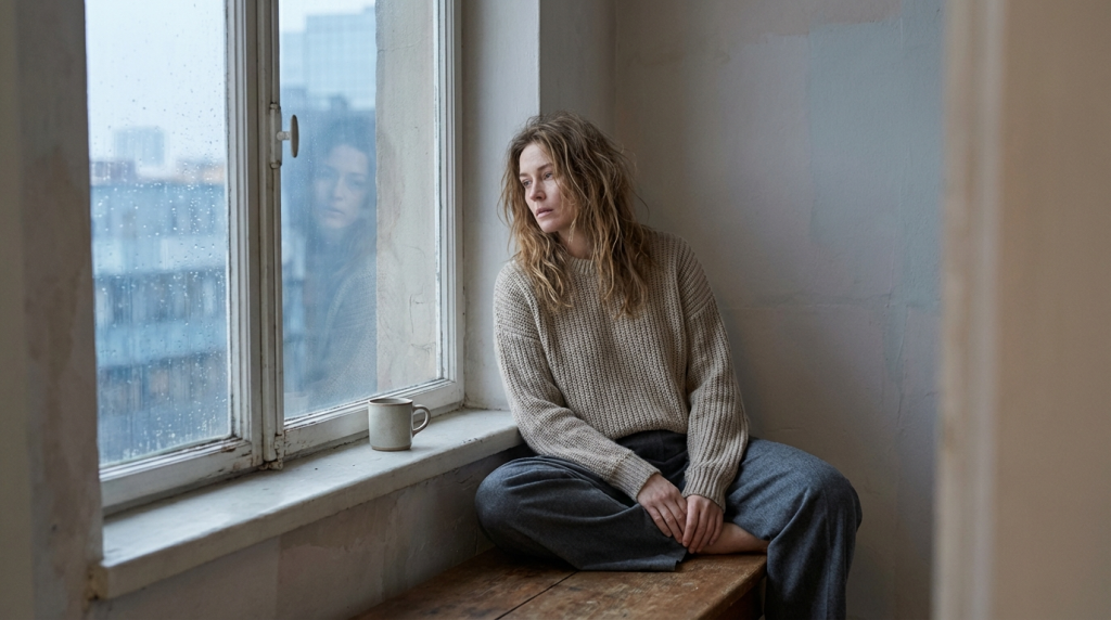 Woman sitting quietly at a window understanding her nostalgia is not love but withdrawal from a trauma bond and choosing truth over false memory