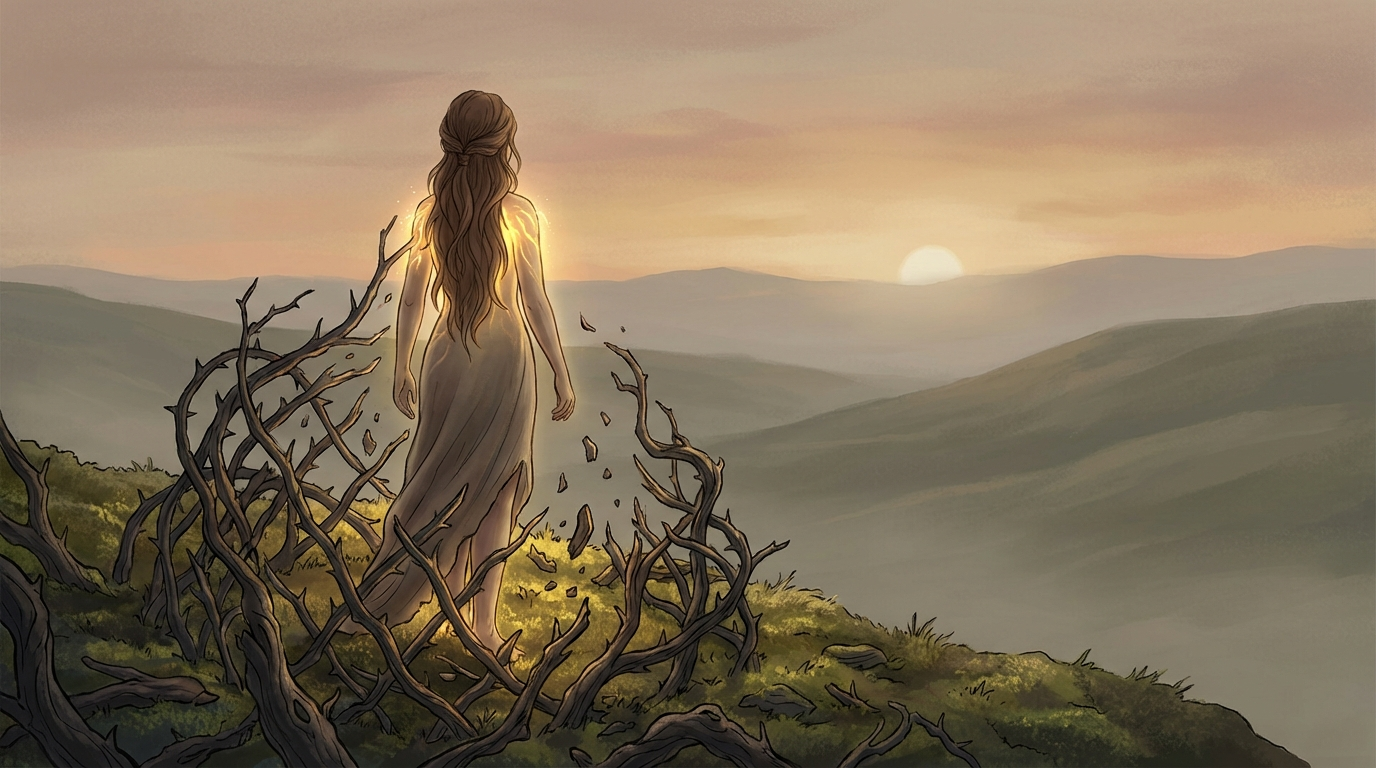 A woman shedding a shell of dark thorny branches, symbolising the process of losing yourself during healing from narcissistic abuse, as soft golden light emerges from within against a quiet dawn sky.