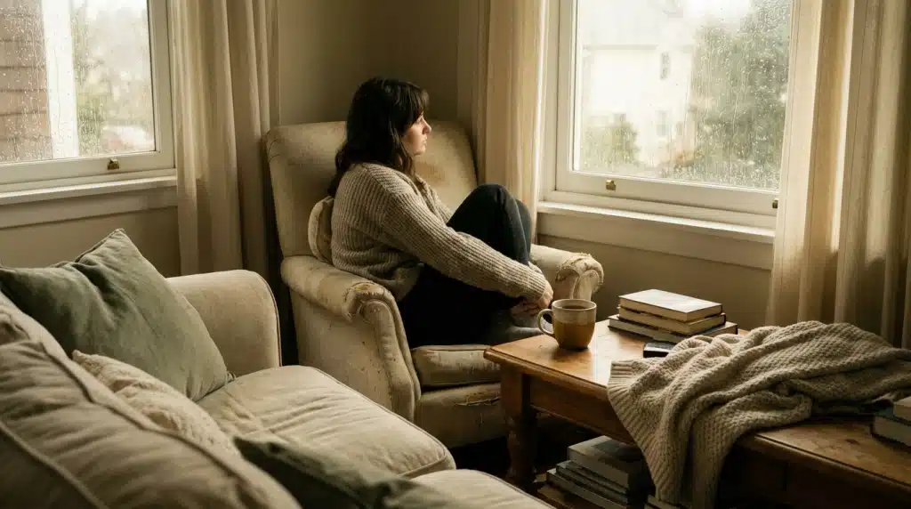 
depression feels like isolation — woman sitting alone in a dimly lit room looking distant and disconnected from the world around her