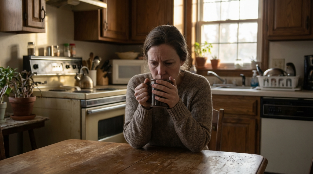A woman sitting alone at a kitchen table with a mug, expression heavy — representing the experience of anxiety making you feel guilty for no clear reason. Anxiety Makes You Feel Guilty