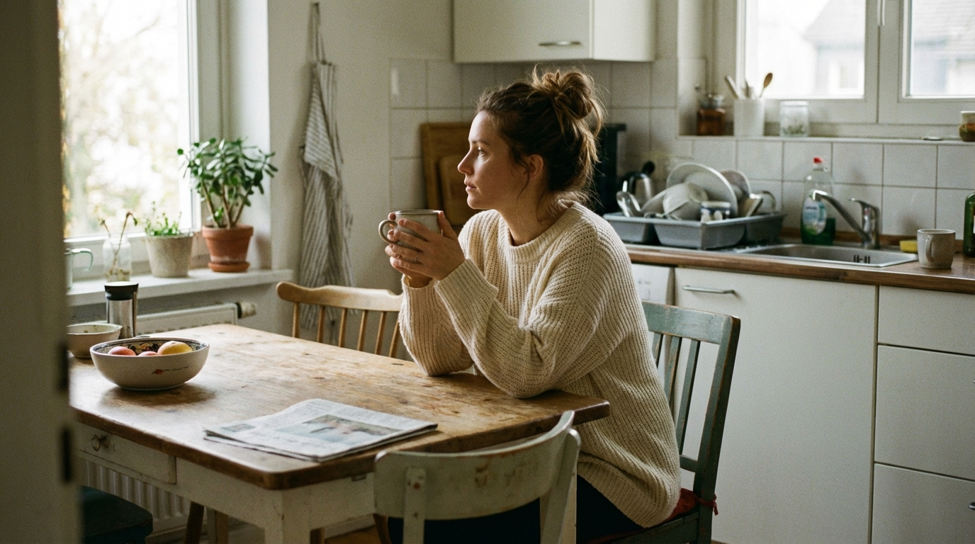 A woman sitting alone at a kitchen table in the early morning light, holding a warm mug and gazing quietly out the window — representing the quiet signs of being finally free from narcissistic abuse.