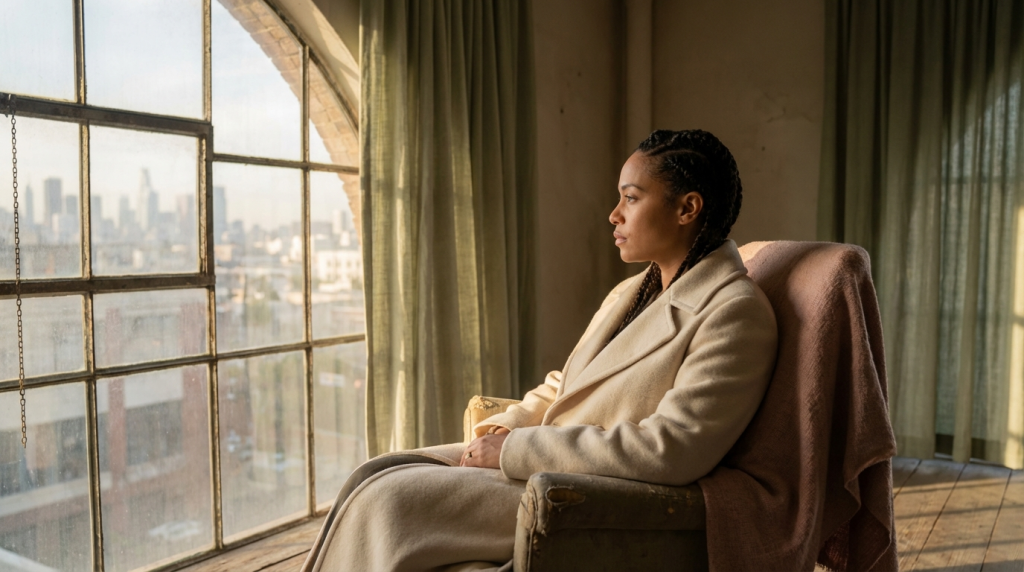 painfully lonely after narcissistic abuse — woman sitting alone by window looking strong yet deeply isolated during healing