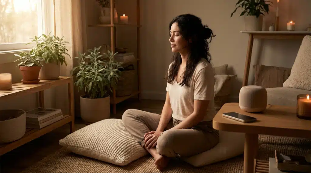 
flute meditation music for healing — woman sitting cross legged in a peaceful room eyes closed listening to calming music