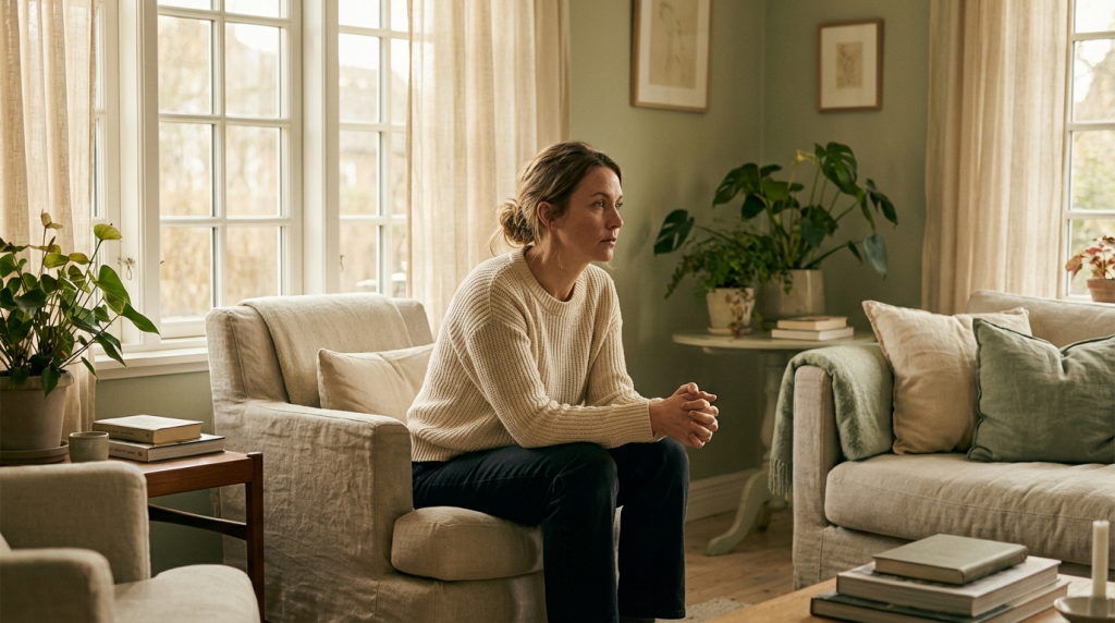 
stop waiting for disaster anxiety — woman sitting in a peaceful sunlit room looking tense and braced for impact