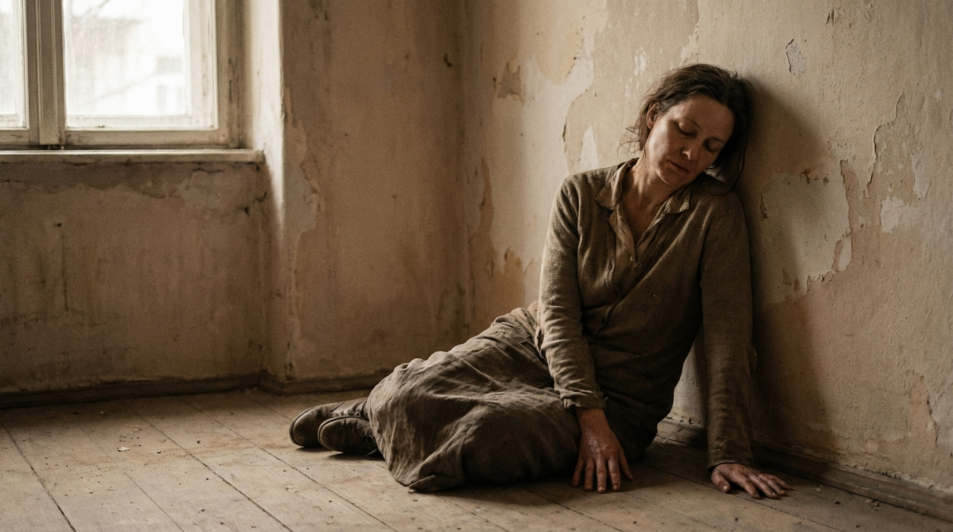 A woman sitting on the floor with her back against a wall and palms pressed to the ground — representing the painful truth about healing and the moment you finally allow yourself to feel the full weight of what you survived.
