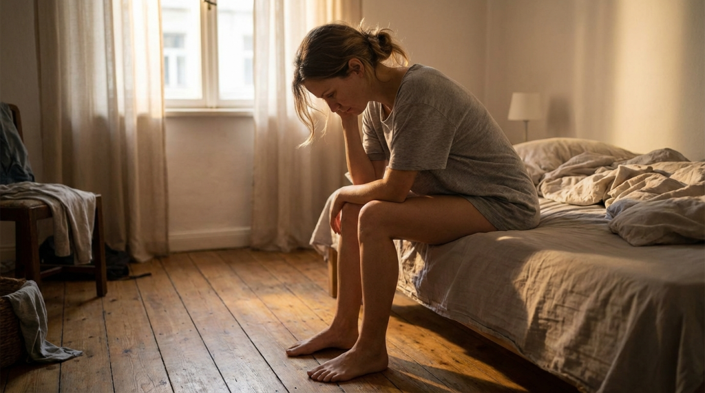 A woman sitting on the edge of a bed in soft afternoon light looking downward, representing the honest and human experience of stop self-criticism and depression — and the quiet journey to reclaim your mind from within.