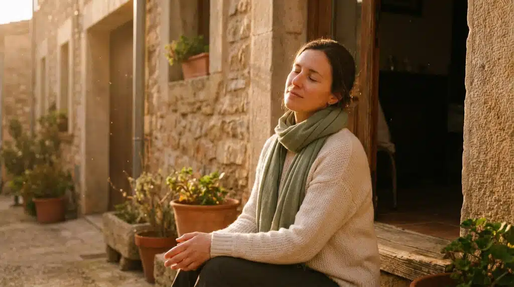 second-guess after leaving a narcissist — woman sitting in warm sunlight eyes closed quiet confidence slowly returning after abuse