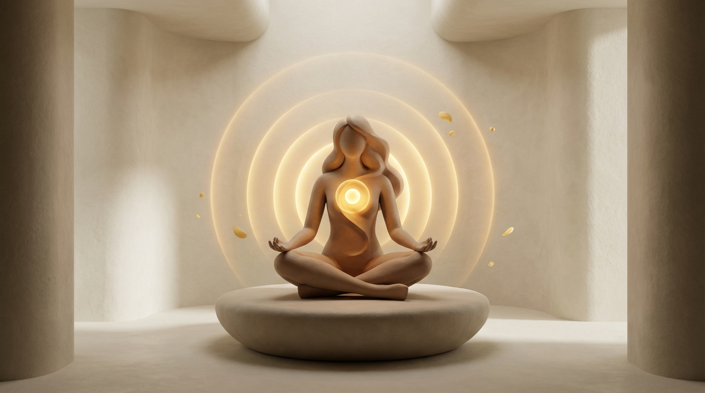 A woman sitting in quiet stillness with a warm golden light radiating from within, representing the journey of becoming your own safe place after narcissistic abuse and reclaiming inner peace.