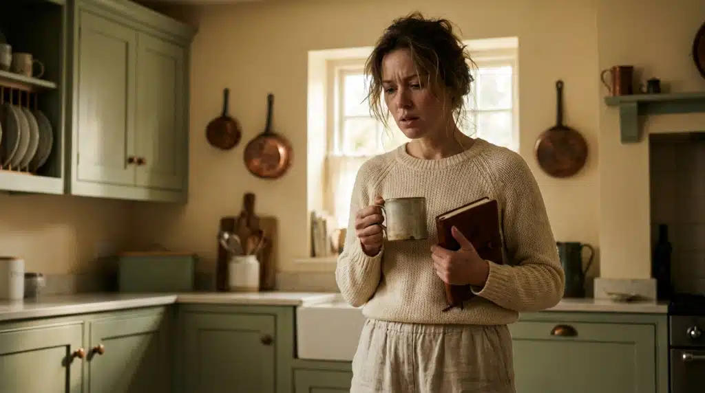 second-guess after leaving a narcissist — woman standing in a kitchen looking uncertain holding two options unable to decide