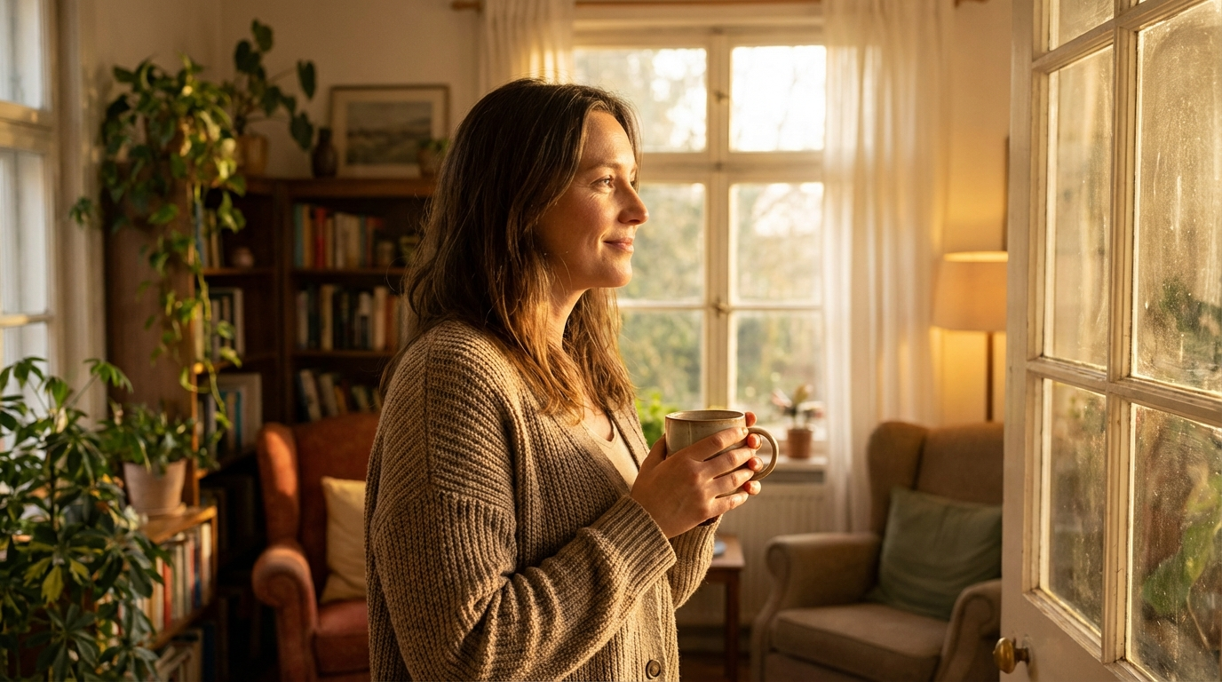 A woman experiencing safe love after narcissistic abuse, standing peacefully in morning light during her healing journey.